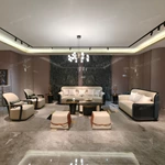 Modern Luxury Sofa Set with High-Gloss Natural Burl Wood Veneer, Gold Stainless Steel Trim & Dual-Tone Upholstery